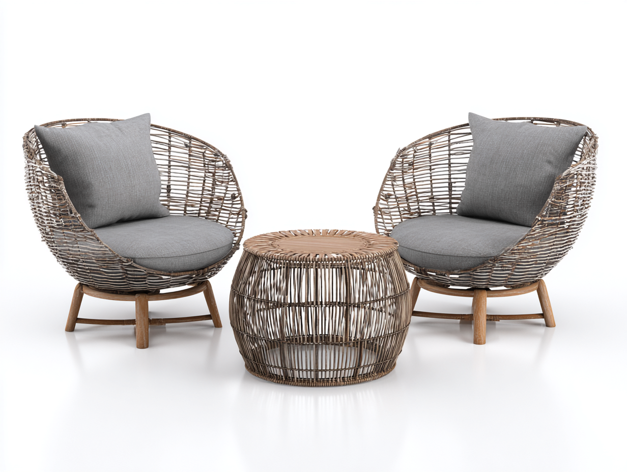 Set di poltrone da giardino in rattan con tavolino - poltrone 70x70x78 cm - naturale/grigio - per esterni - design intrecciato con seduta imbottita-Bamboogobay
