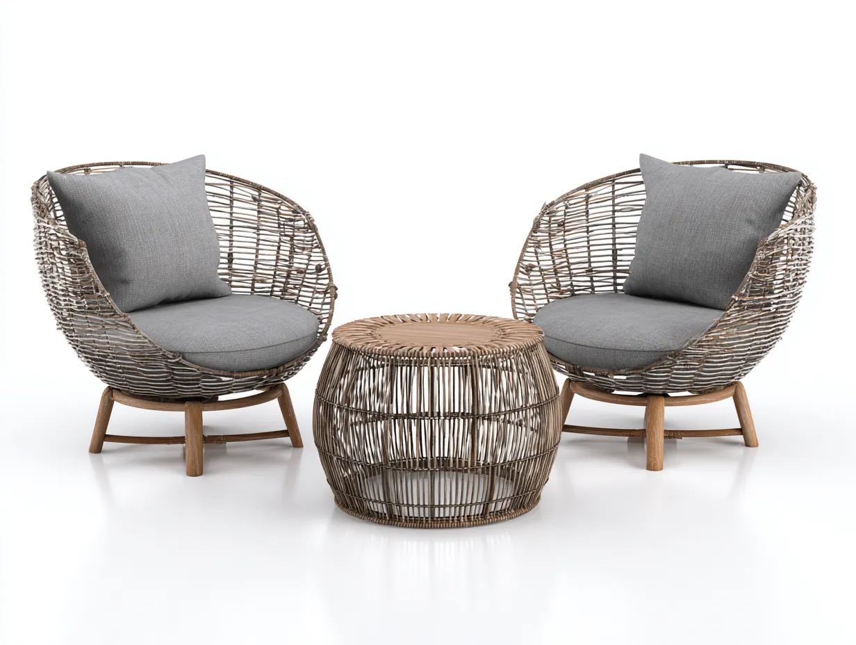 Set di poltrone da giardino in rattan con tavolino - poltrone 70x70x78 cm - naturale/grigio - per esterni - design intrecciato con seduta imbottita-Bamboogobay