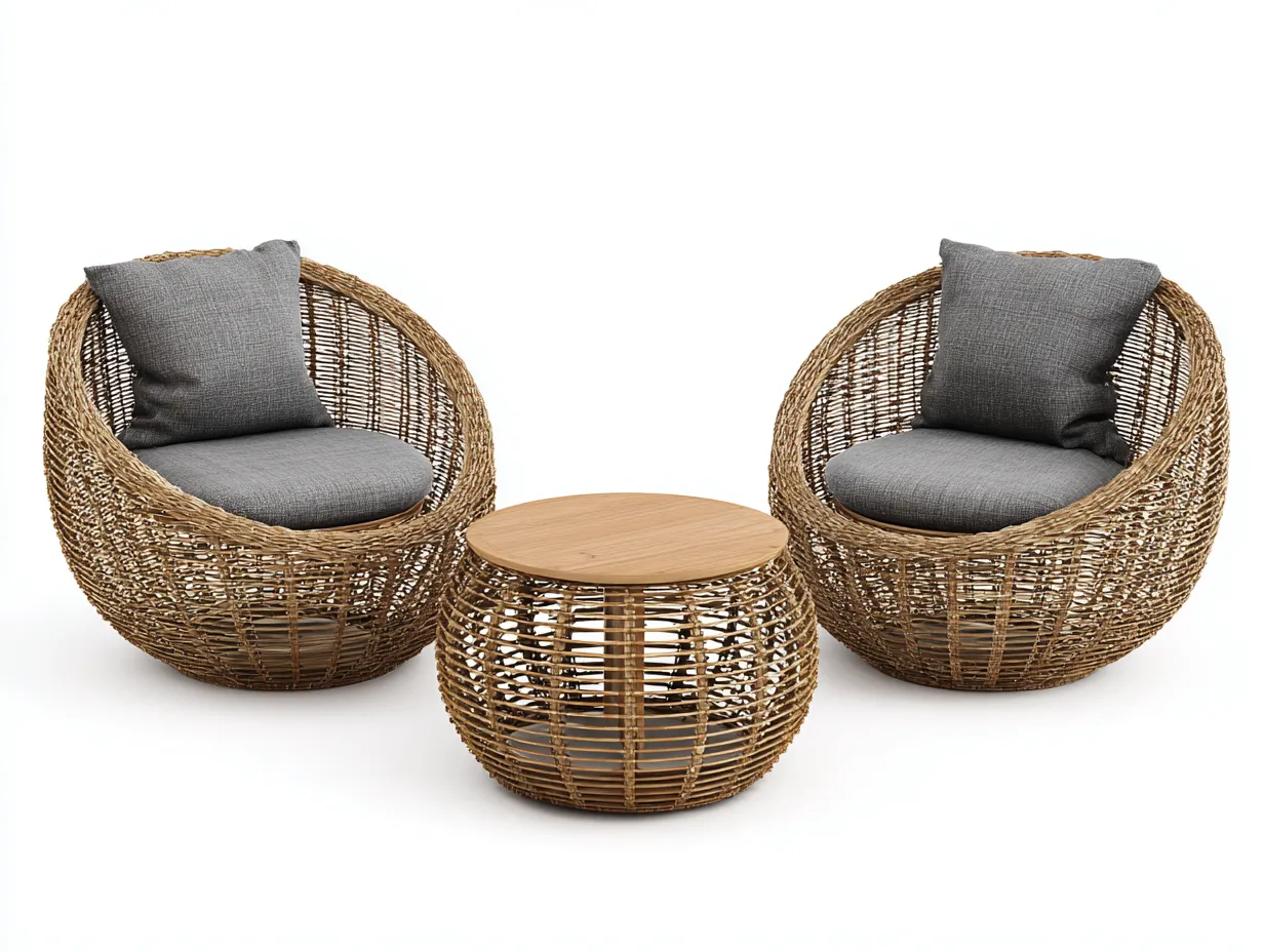 Set di poltrone da giardino in rattan con tavolino - poltrone 72x72x78 cm - naturale/grigio scuro - per esterni - struttura intrecciata con seduta imbottita-Bamboogobay