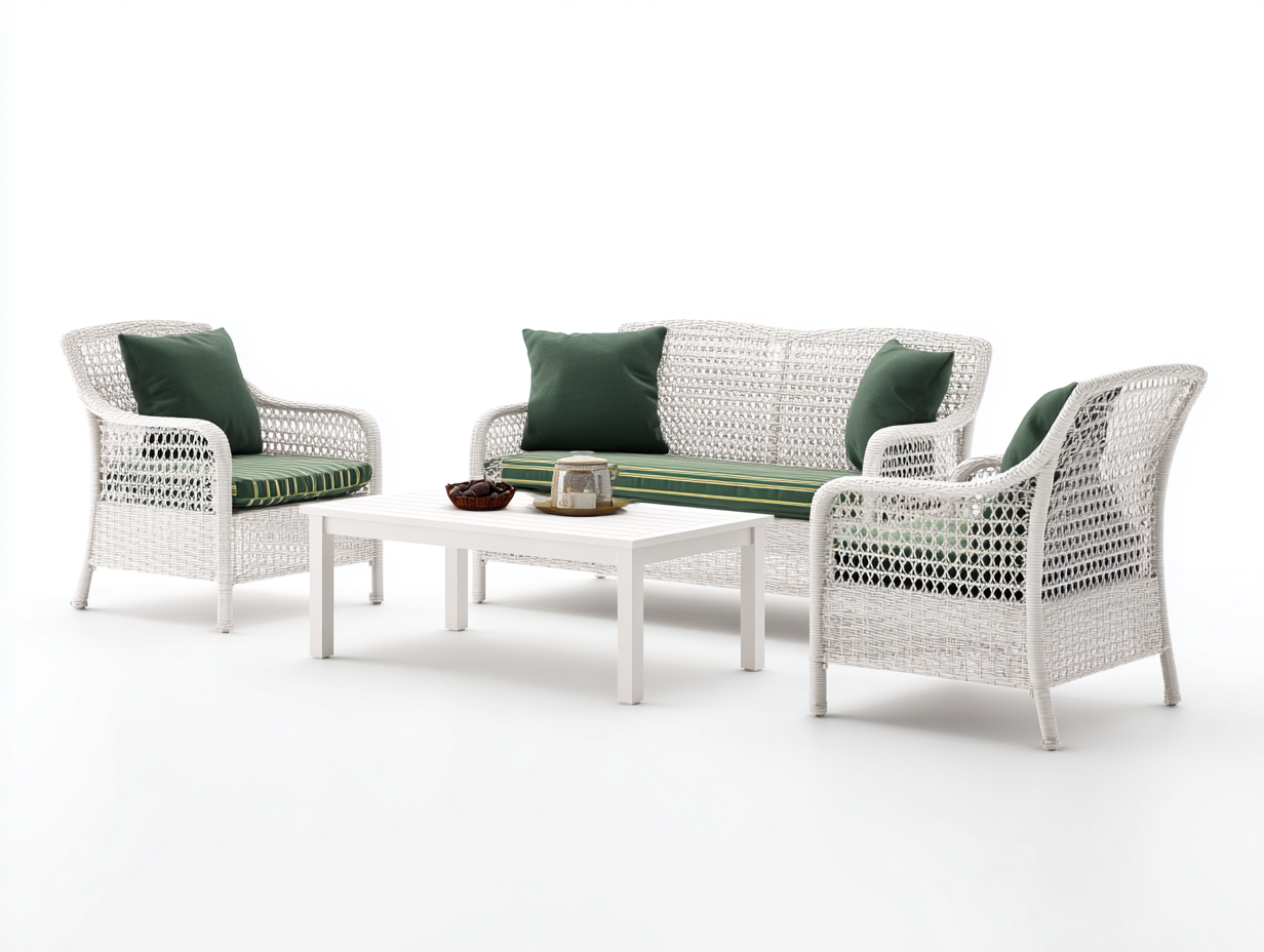 Set divano e poltrone da giardino in rattan con tavolino -  divano 165x70x78 cm - bianco/verde - uso esterno - stile intrecciato classico-Bamboogobay
