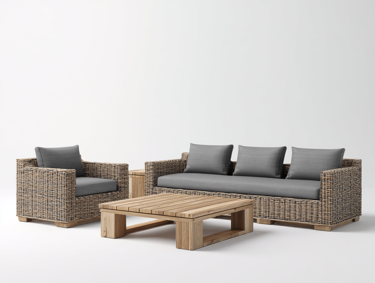Set divano da giardino con poltrona e tavolino in rattan naturale 3 posti - divano 210 x85 x78cm - naturale/grigio - uso esterno - struttura intrecciata-Bamboogobay