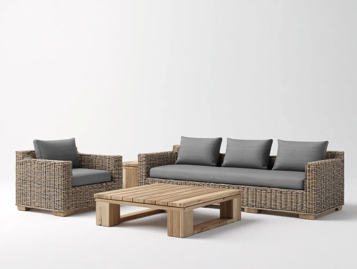 Set divano da giardino con poltrona e tavolino in rattan naturale 3 posti - divano 210 x85 x78cm - naturale/grigio - uso esterno - struttura intrecciata-Bamboogobay