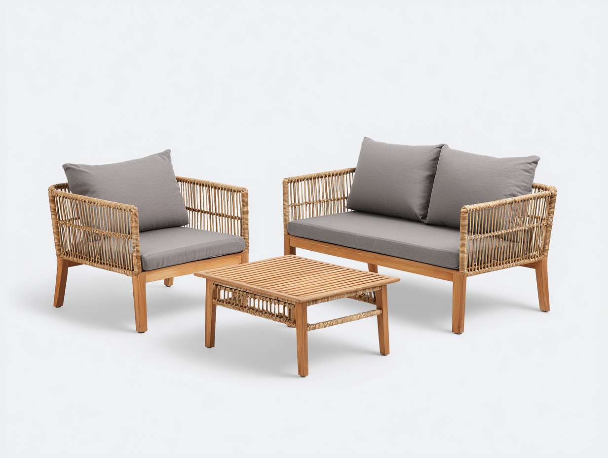 Garden Furniture Set two-seater sofa with armchair and coffee table 200x75x78 cm - natural/grey - outdoor lounge set