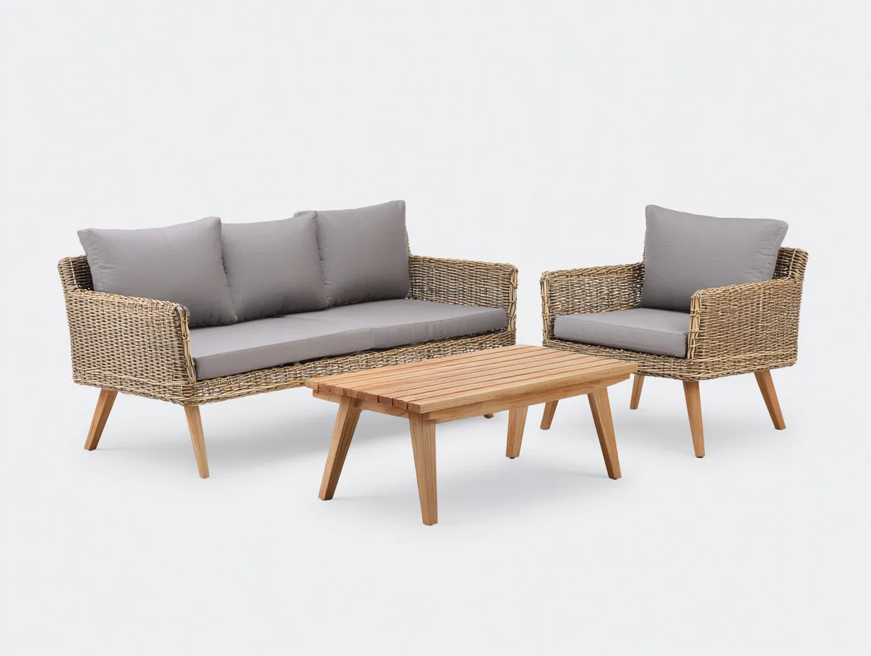 Garden Furniture Set two-seater sofa with armchair and coffee table 205x75x78 cm - natural/grey - outdoor lounge set
