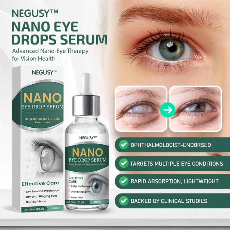 NEGUSY™ Nano Očné Kvapky Sérum 👩‍⚕️ Odporúčané Kráľovskou kolegiou oftalmológov (Vhodné pre presbyopiu, syndróm suchého oka, glaukóm a kataraktu)