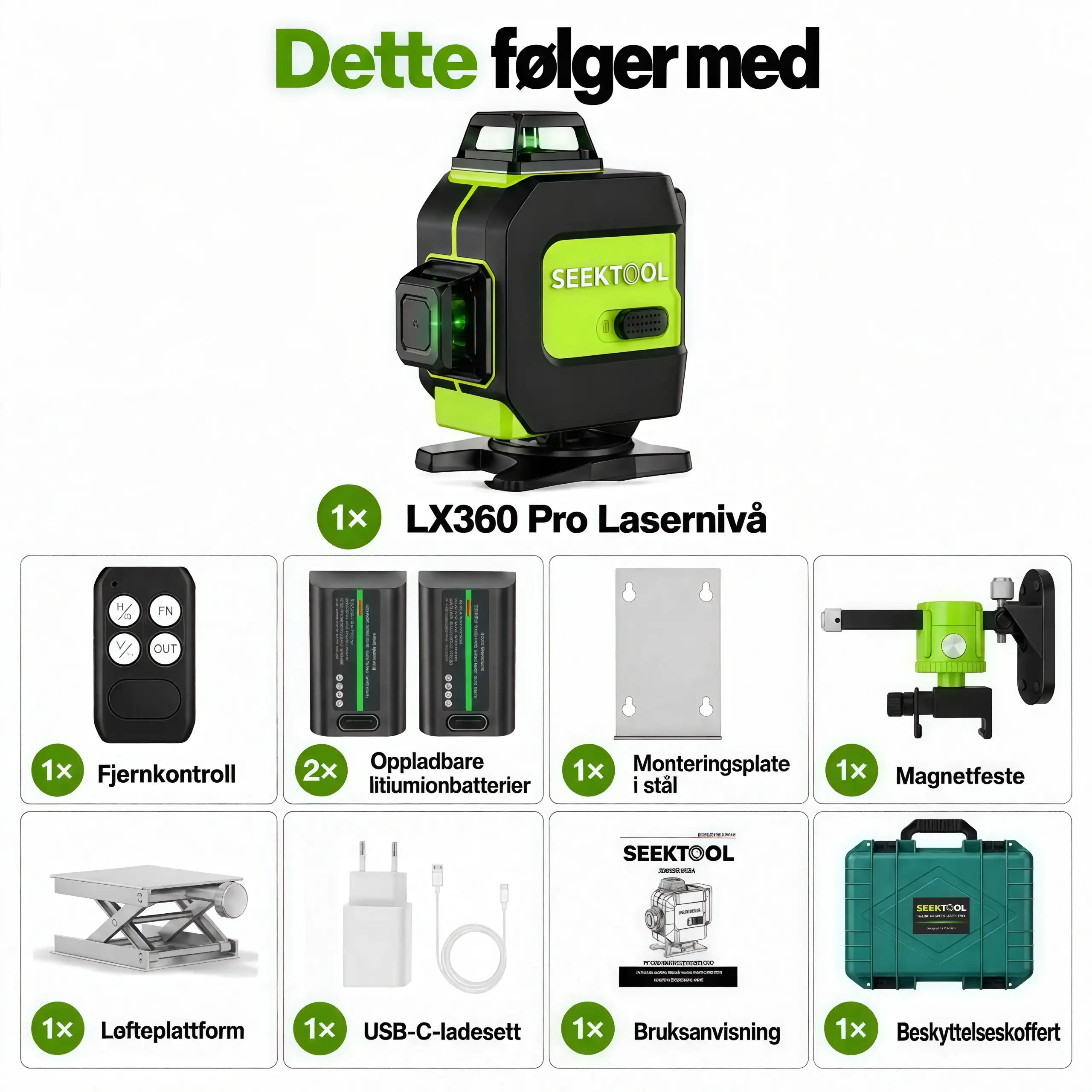 SEEKTOOL LX360 Pro – 4x360° grønn lasernivå