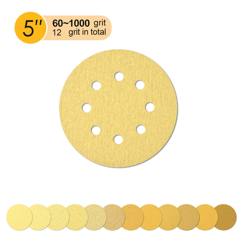 5 Inch 8 Holes Hook and Loop Yellow Sanding Discs