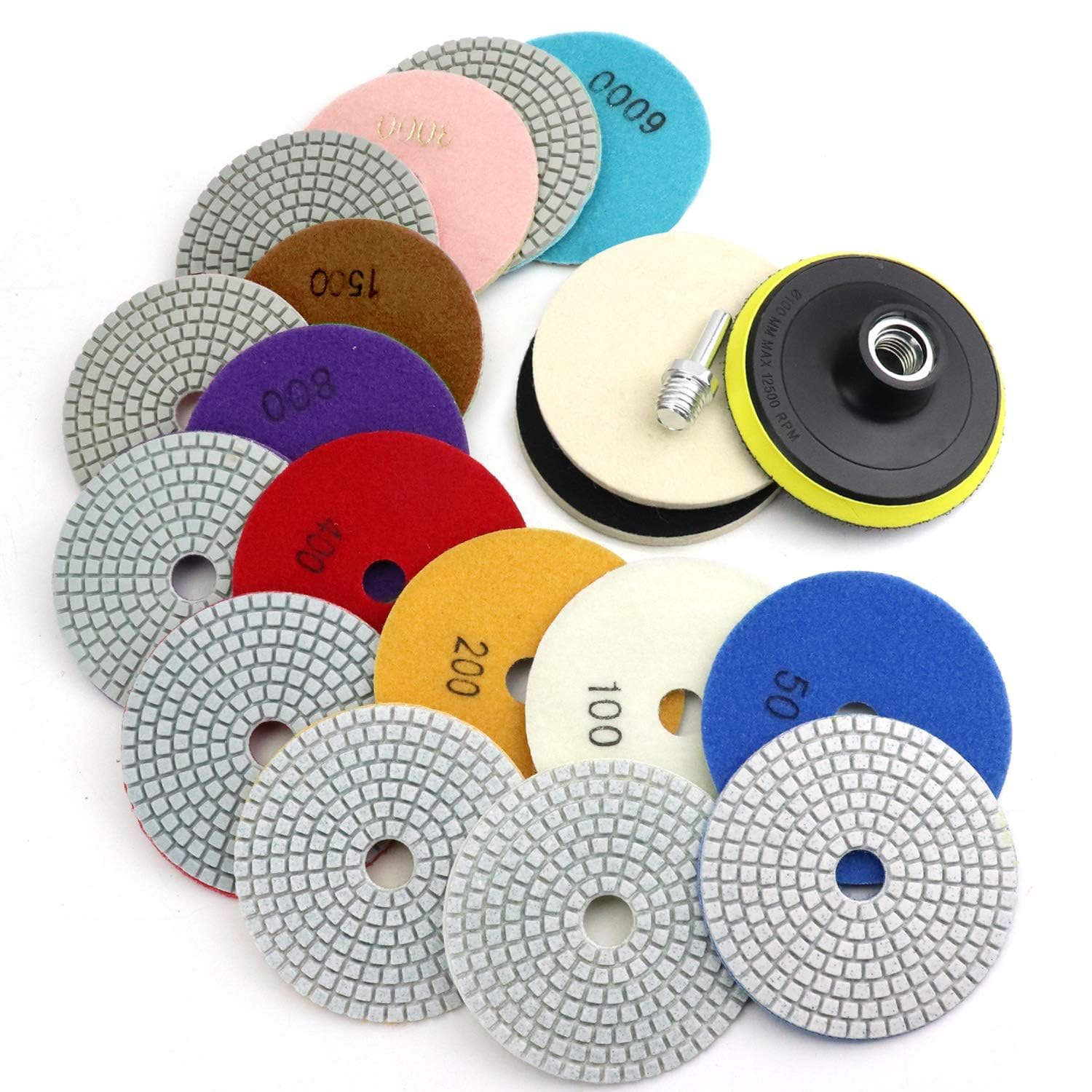 WORKEASE 4 Inch Diamond Polishing Pads with 5/8’’-11 Backer Pad - 12Pcs/Box