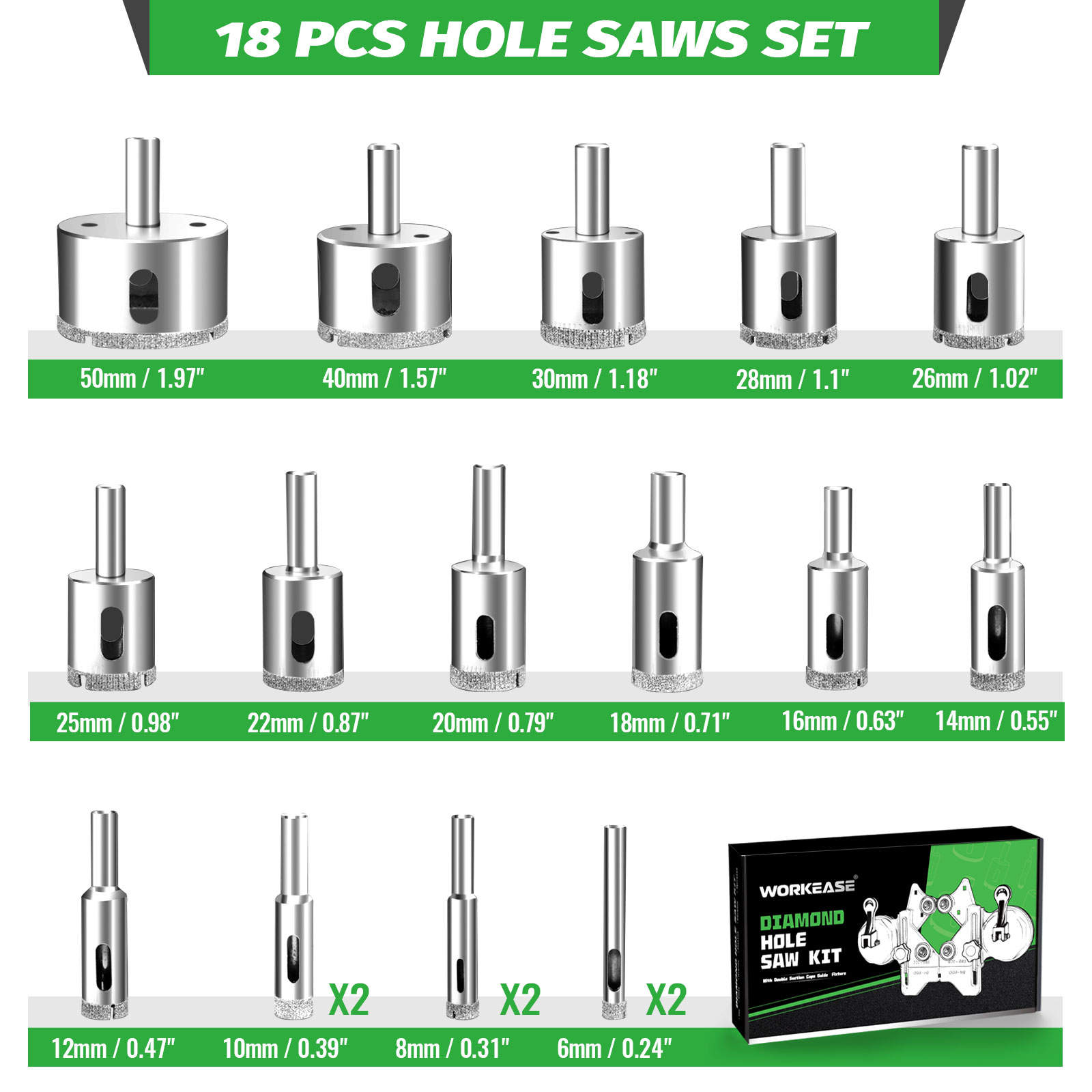 Diamond Hole Saw Kit 18Pcs Tile Drill Bits Sets with Double Suction Cups Guide Jig Fixture