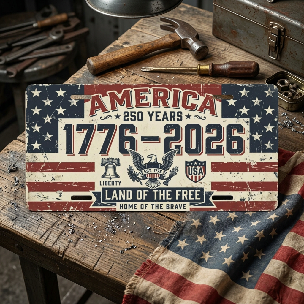 America 250th Anniversary License Plate, 1776-2026 Patriotic Aluminum Vanity Plate