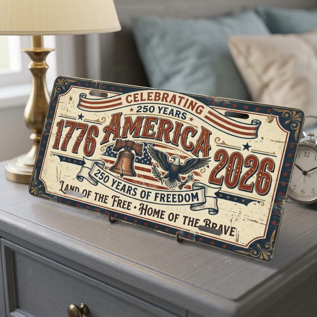 America 250th Anniversary License Plate, Vintage Patriotic Aluminum Vanity Plate