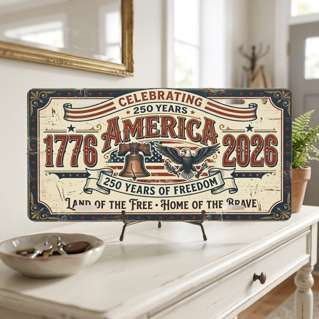 America 250th Anniversary License Plate, Vintage Patriotic Aluminum Vanity Plate