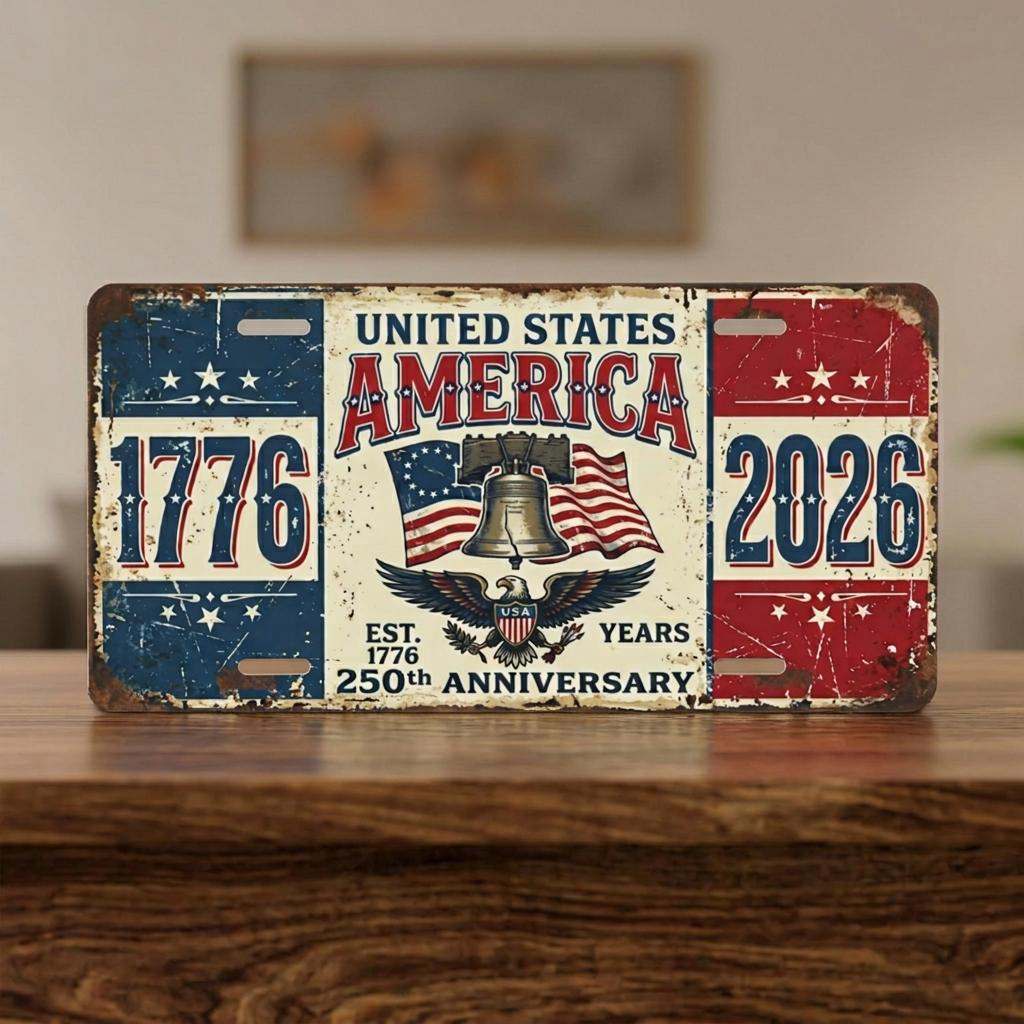 Vintage America 250th Anniversary License Plate, Patriotic USA Flag Auto Decor