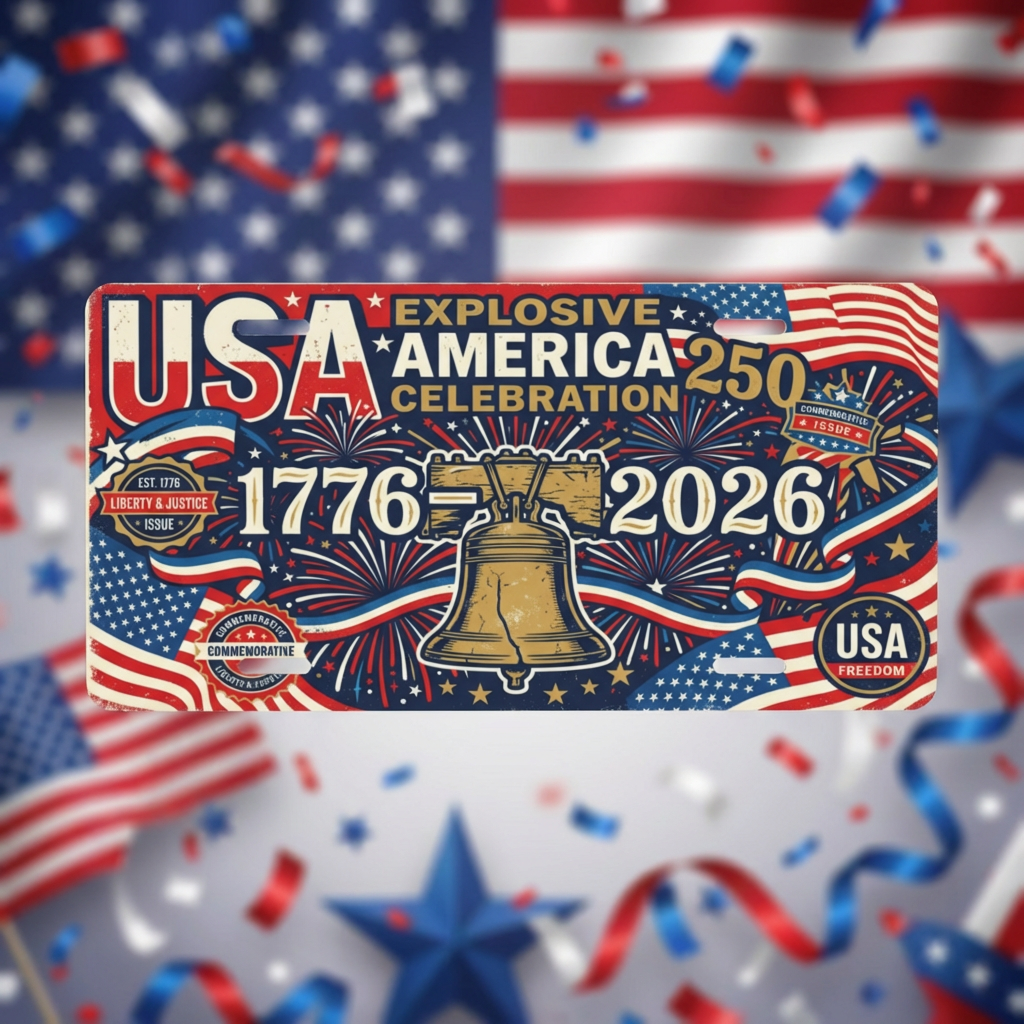 Vintage America 250th Anniversary License Plate, Patriotic USA Flag Auto Decor