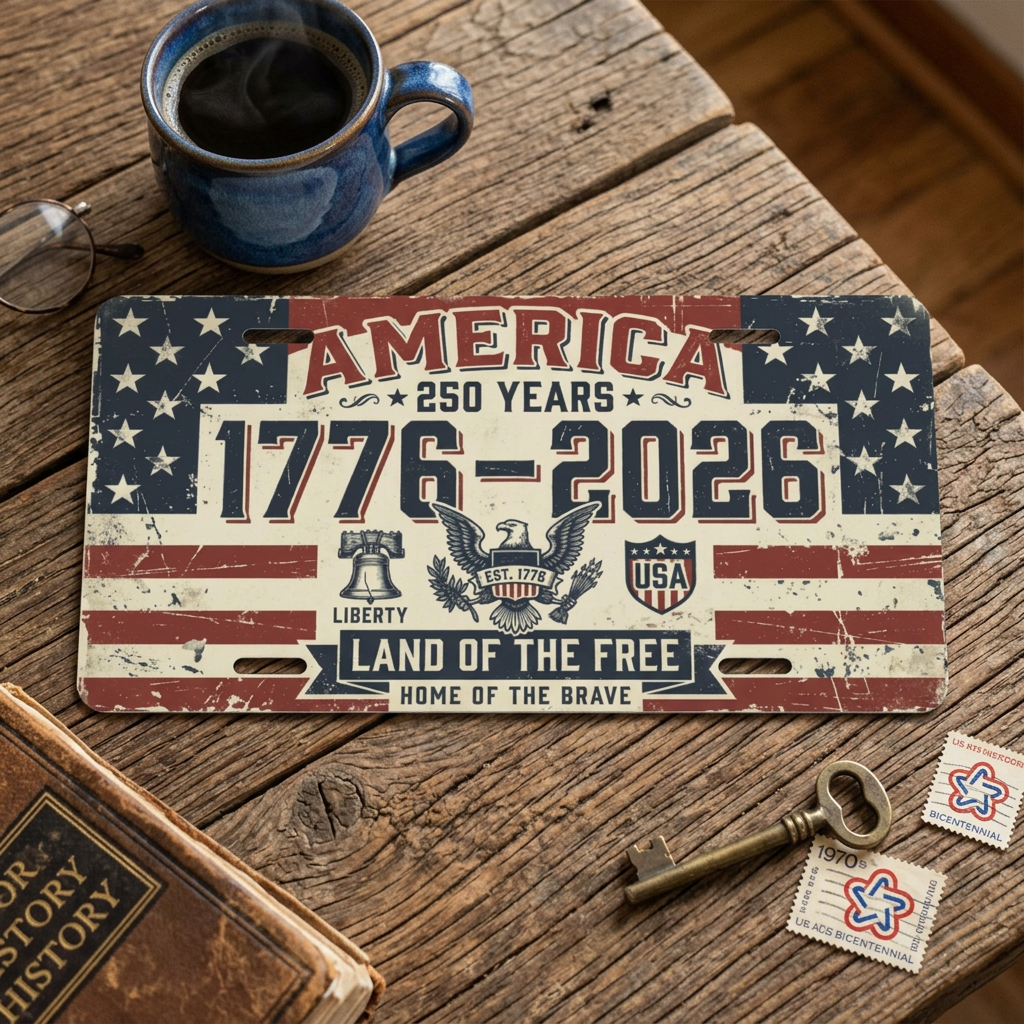 America 250th Anniversary License Plate, 1776-2026 Patriotic Aluminum Vanity Plate