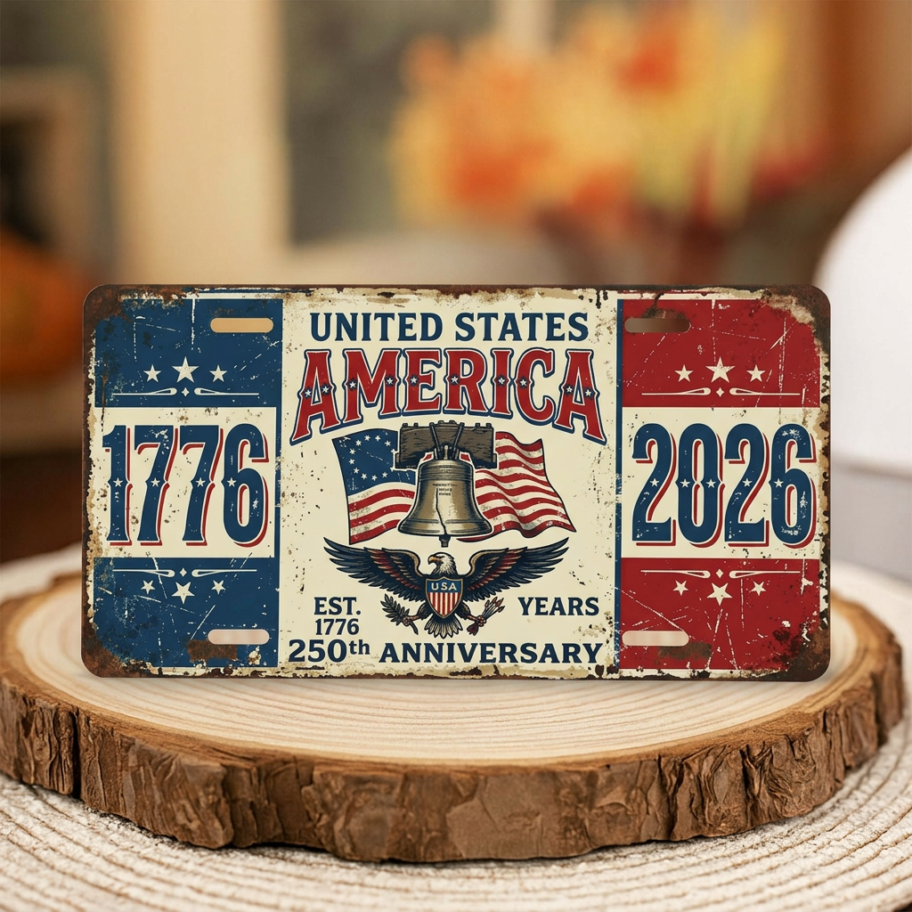 Vintage America 250th Anniversary License Plate, Patriotic USA Flag Auto Decor