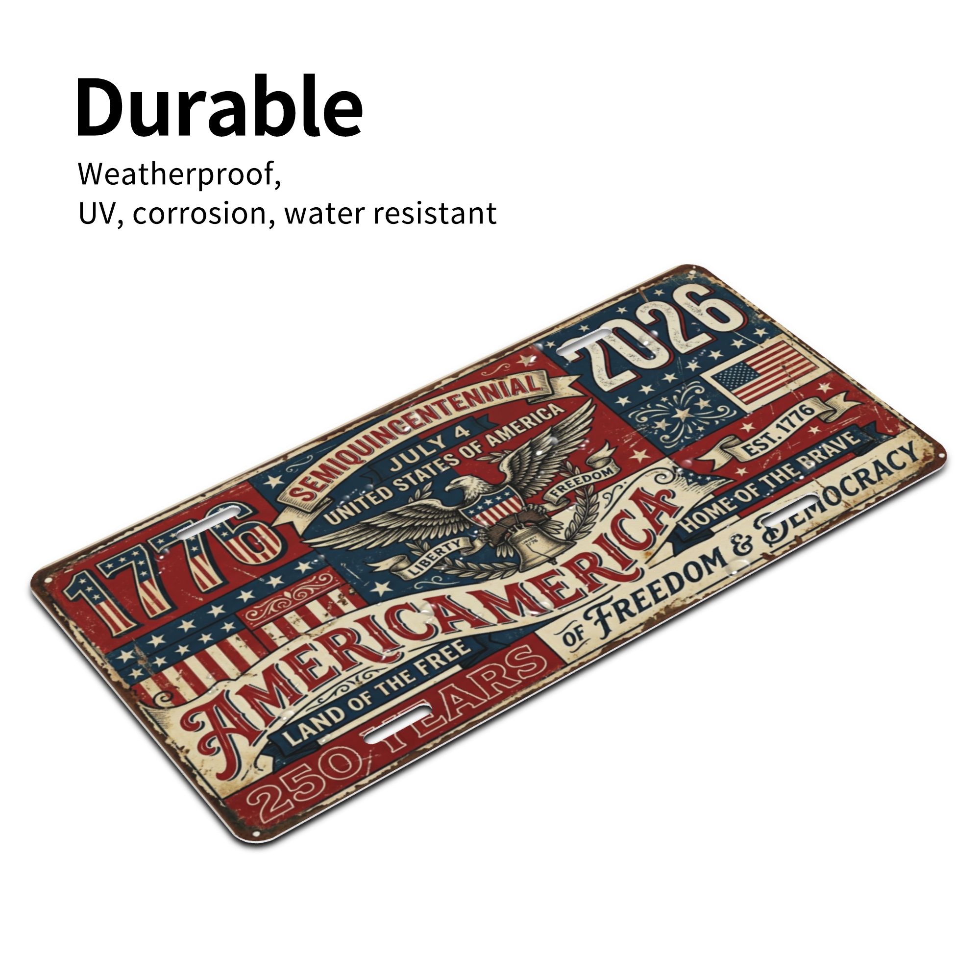 America 250th Anniversary License Plate, 1776-2026 Patriotic Aluminum Vanity Plate