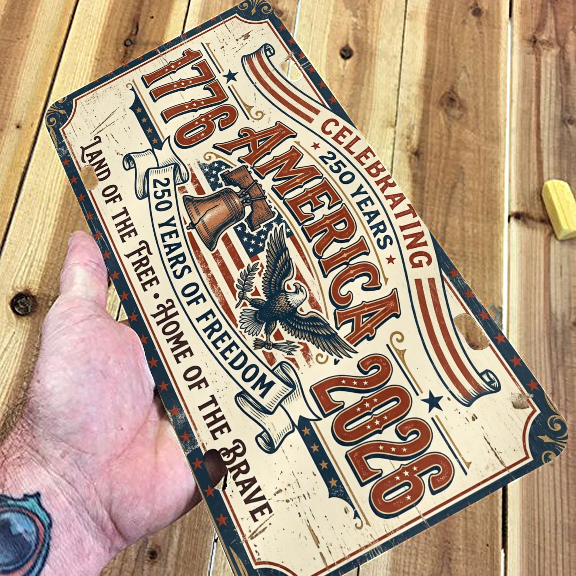 America 250th Anniversary License Plate, Vintage Patriotic Aluminum Vanity Plate