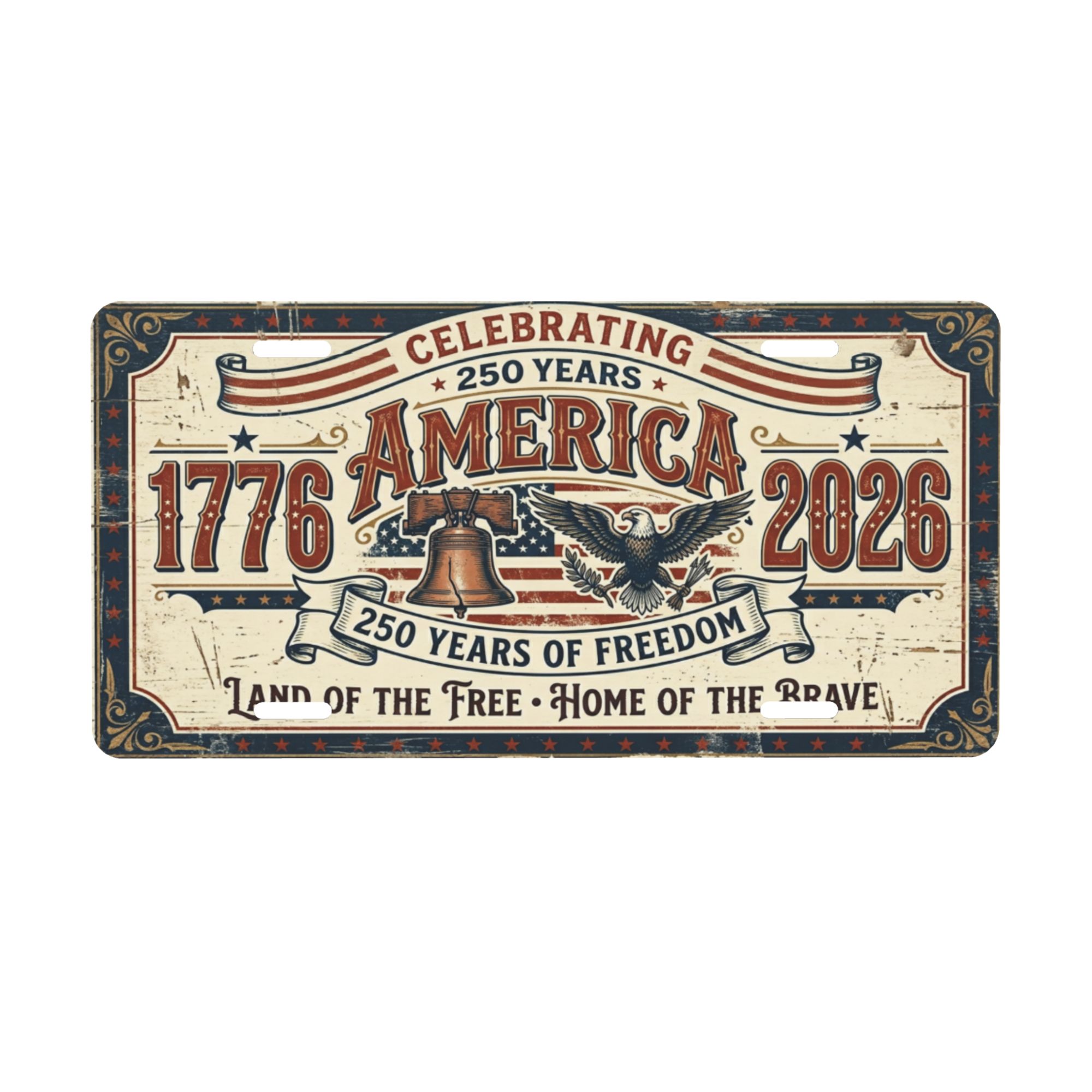 America 250th Anniversary License Plate, Vintage Patriotic Aluminum Vanity Plate
