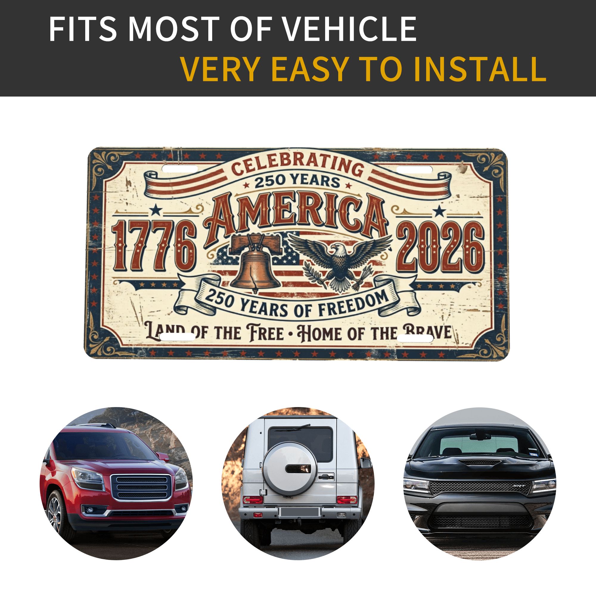 America 250th Anniversary License Plate, Vintage Patriotic Aluminum Vanity Plate