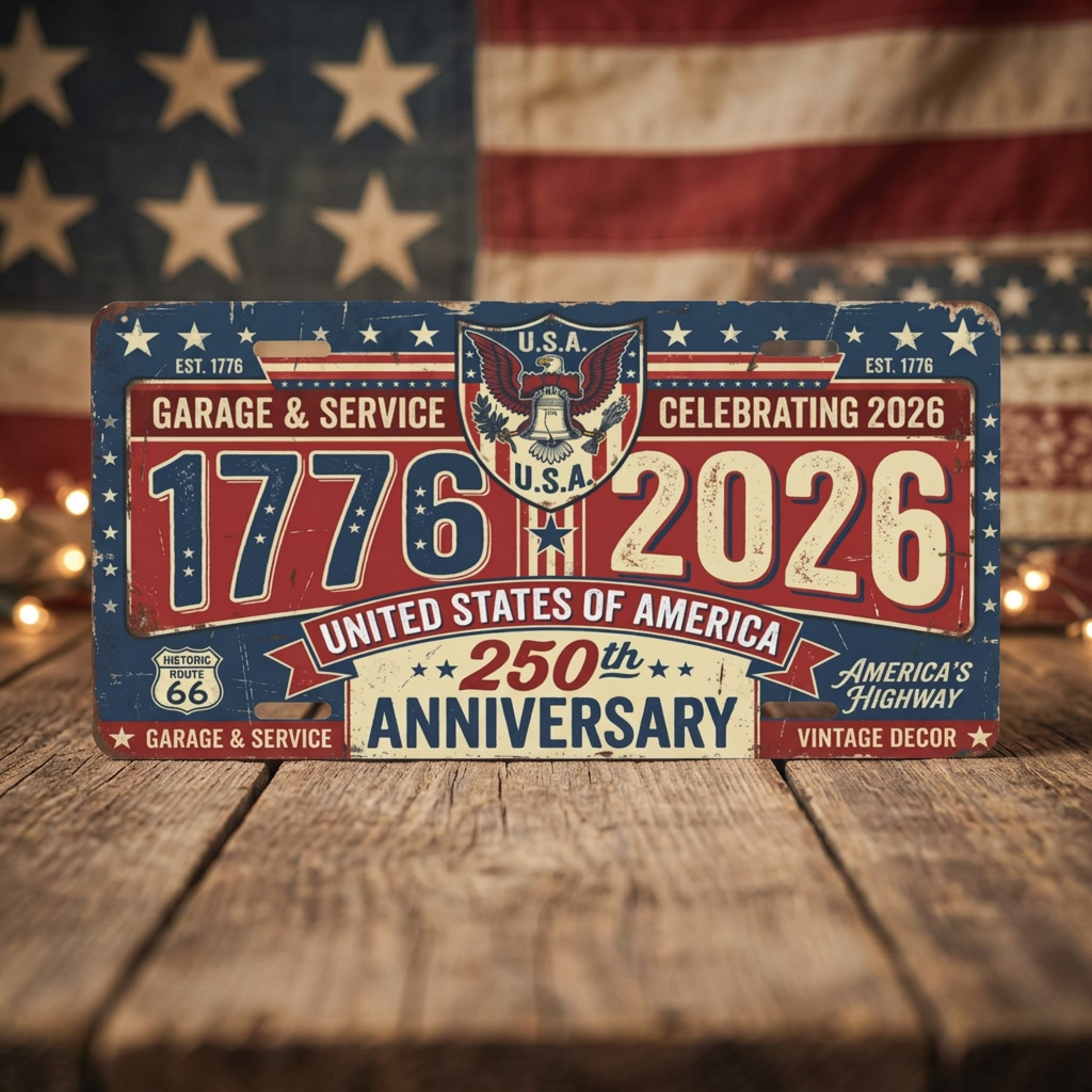 Vintage Garage Decor License Plate, America 250th Anniversary Patriotic Aluminum Sign