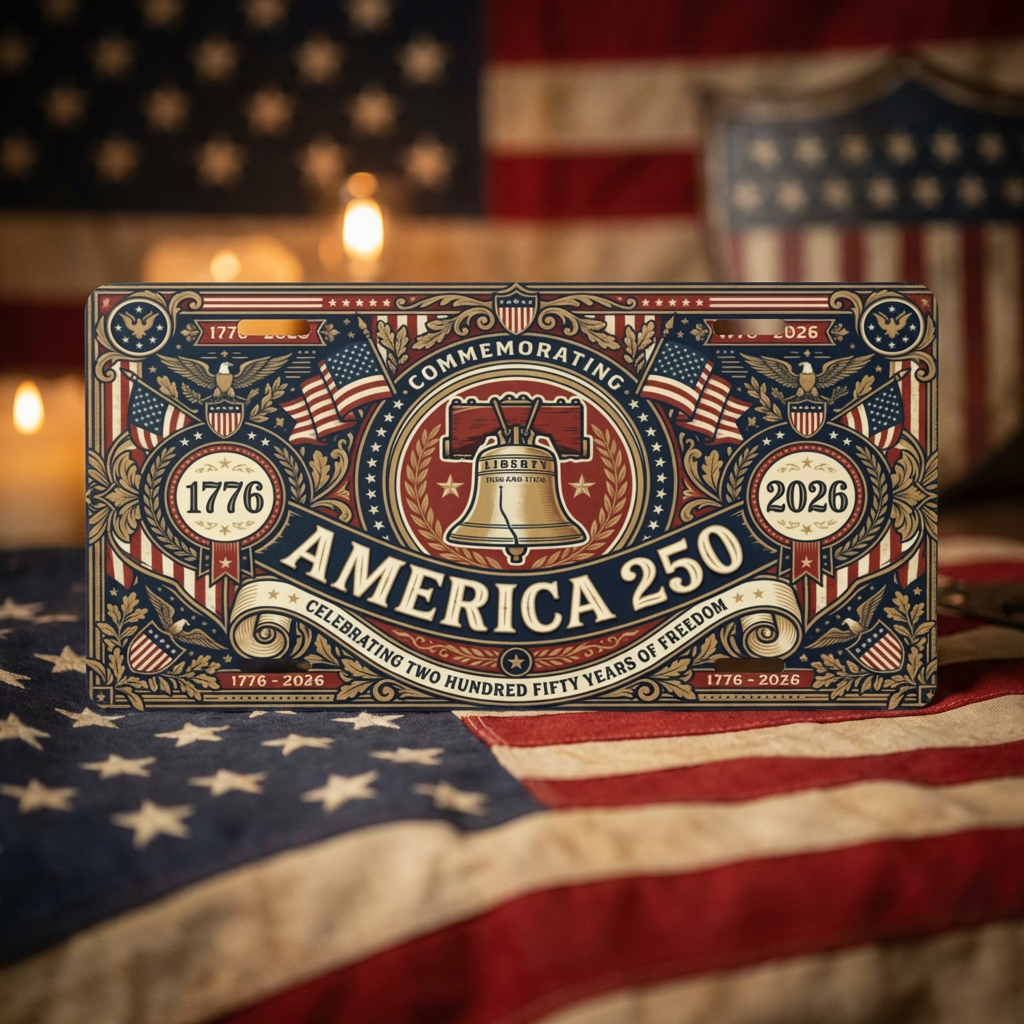 Vintage America 250th Anniversary License Plate, Patriotic USA Flag Auto Decor