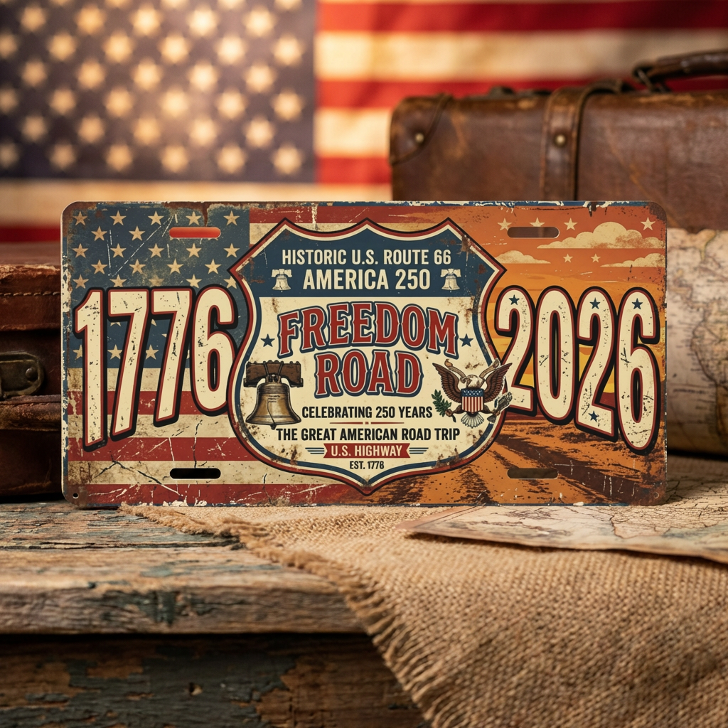 Vintage America 250th Anniversary License Plate, Patriotic USA Flag Auto Decor