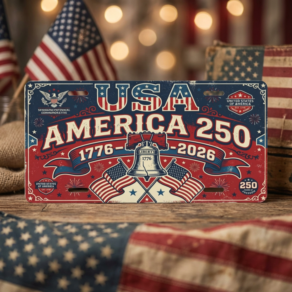 Vintage America 250th Anniversary License Plate, Patriotic USA Flag Auto Decor