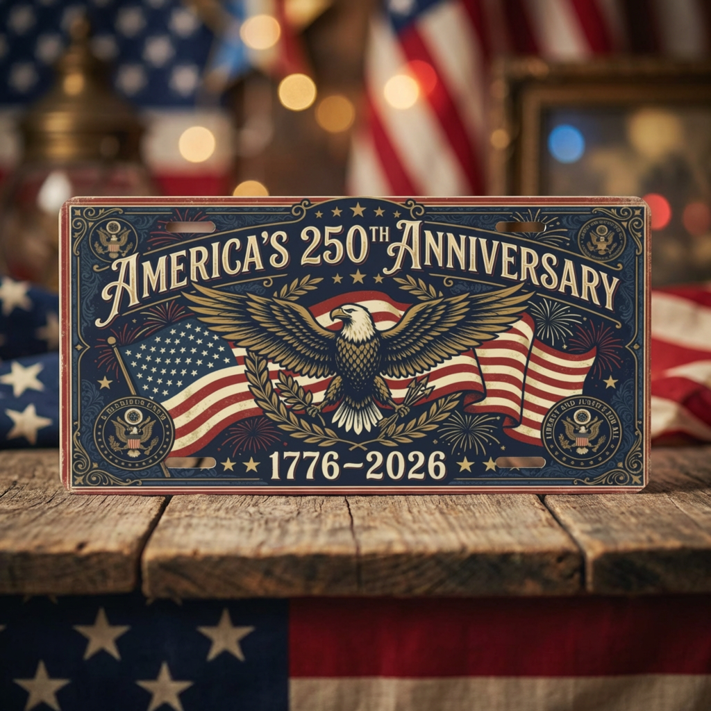 Vintage America 250th Anniversary License Plate, Patriotic USA Flag Auto Decor