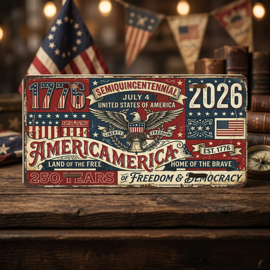 America 250th Anniversary License Plate, 1776-2026 Patriotic Aluminum Vanity Plate
