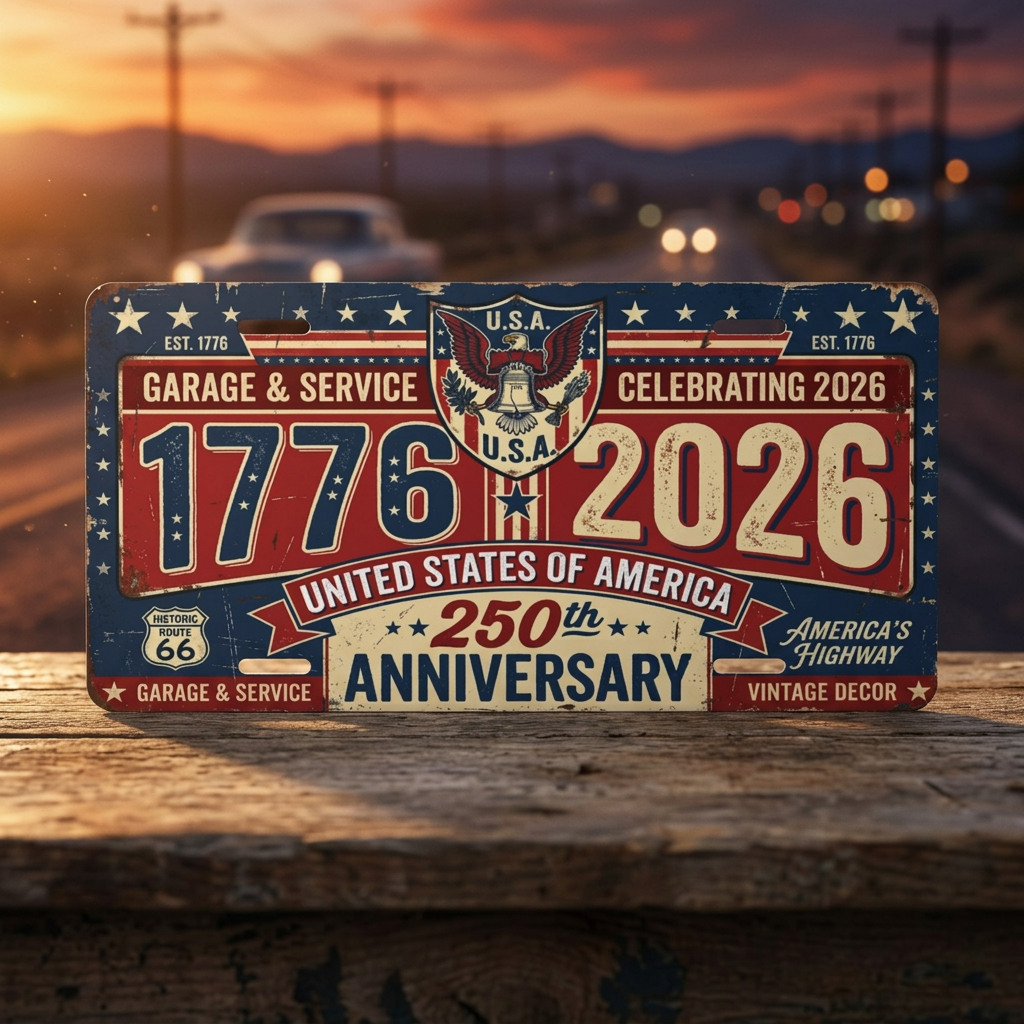 Vintage Garage Decor License Plate, America 250th Anniversary Patriotic Aluminum Sign
