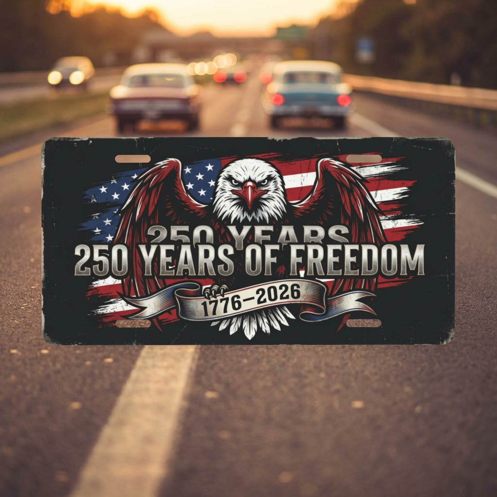 Vintage America 250th Anniversary License Plate, Patriotic USA Flag Auto Decor