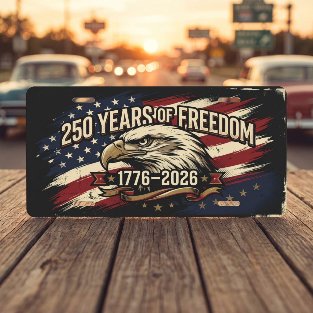 Vintage America 250th Anniversary License Plate, Patriotic USA Flag Auto Decor