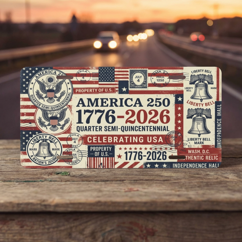 Vintage America 250th Anniversary License Plate, Patriotic USA Flag Auto Decor