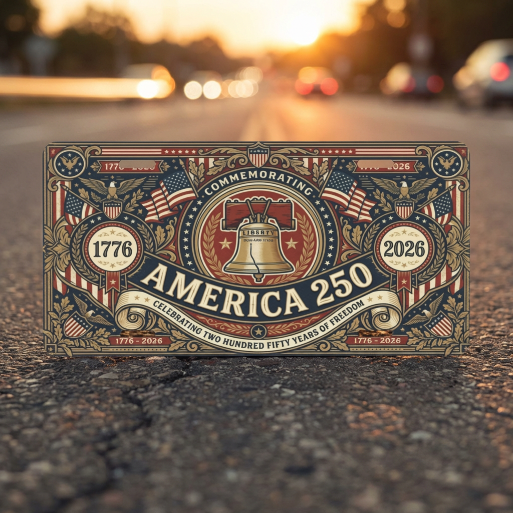 Vintage America 250th Anniversary License Plate, Patriotic USA Flag Auto Decor