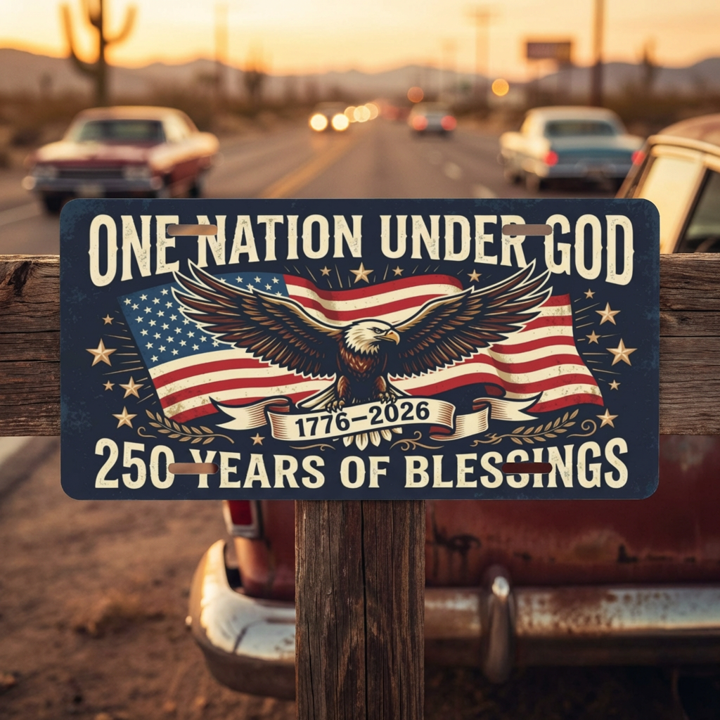 Vintage America 250th Anniversary License Plate, Patriotic USA Flag Auto Decor