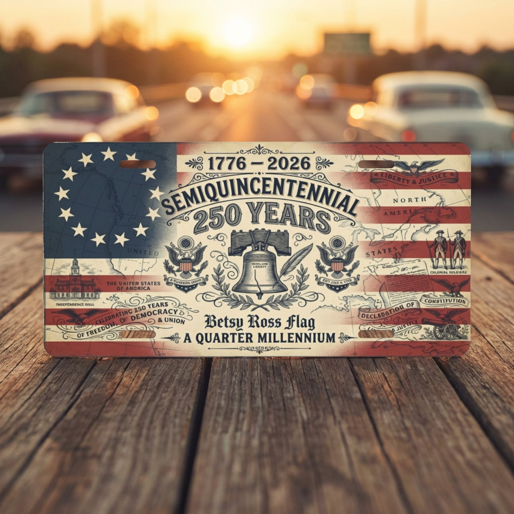 Vintage America 250th Anniversary License Plate, Patriotic USA Flag Auto Decor