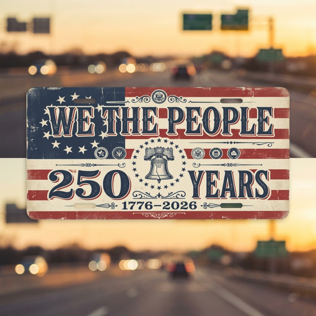 Vintage America 250th Anniversary License Plate, Patriotic USA Flag Auto Decor