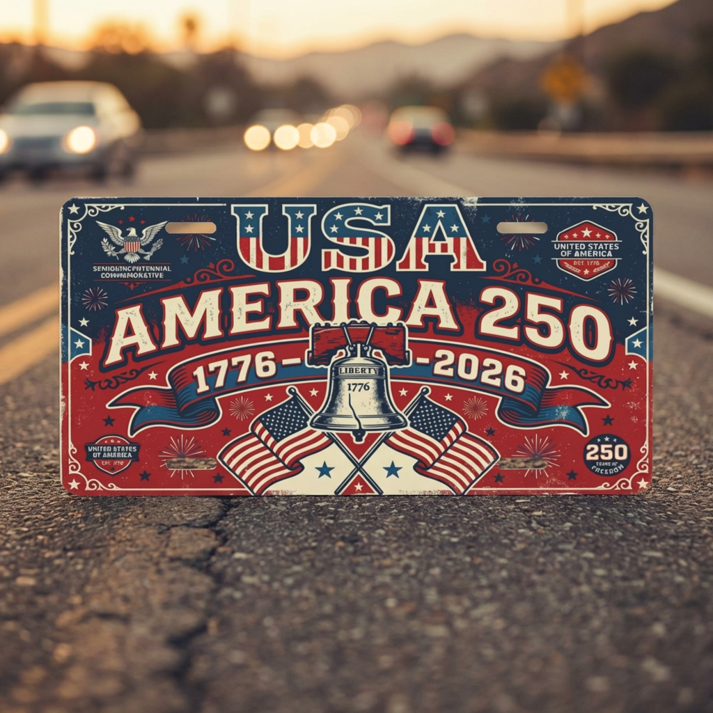 Vintage America 250th Anniversary License Plate, Patriotic USA Flag Auto Decor