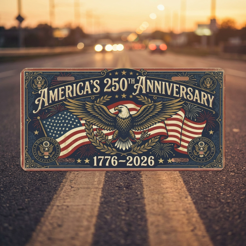 Vintage America 250th Anniversary License Plate, Patriotic USA Flag Auto Decor