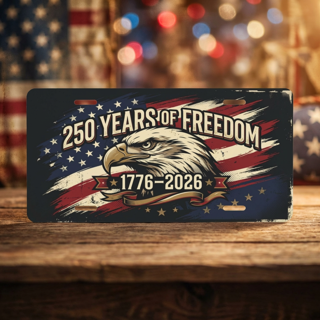 Vintage America 250th Anniversary License Plate, Patriotic USA Flag Auto Decor