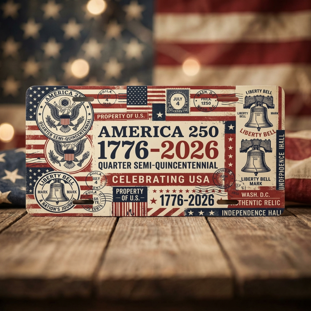 Vintage America 250th Anniversary License Plate, Patriotic USA Flag Auto Decor