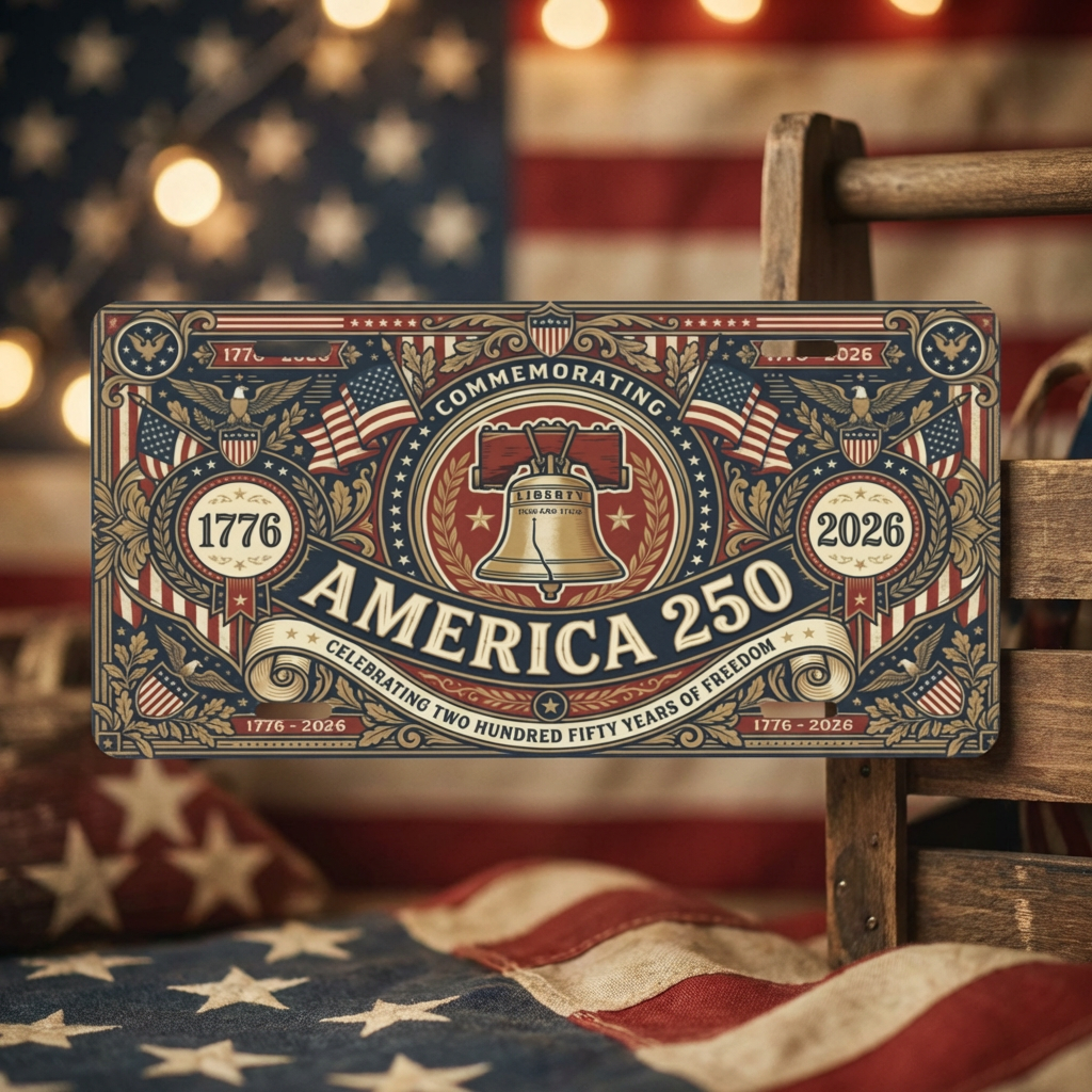 Vintage America 250th Anniversary License Plate, Patriotic USA Flag Auto Decor
