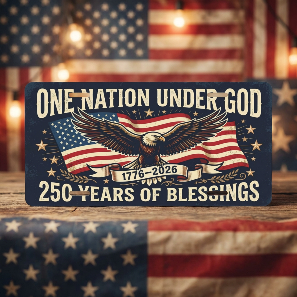 Vintage America 250th Anniversary License Plate, Patriotic USA Flag Auto Decor