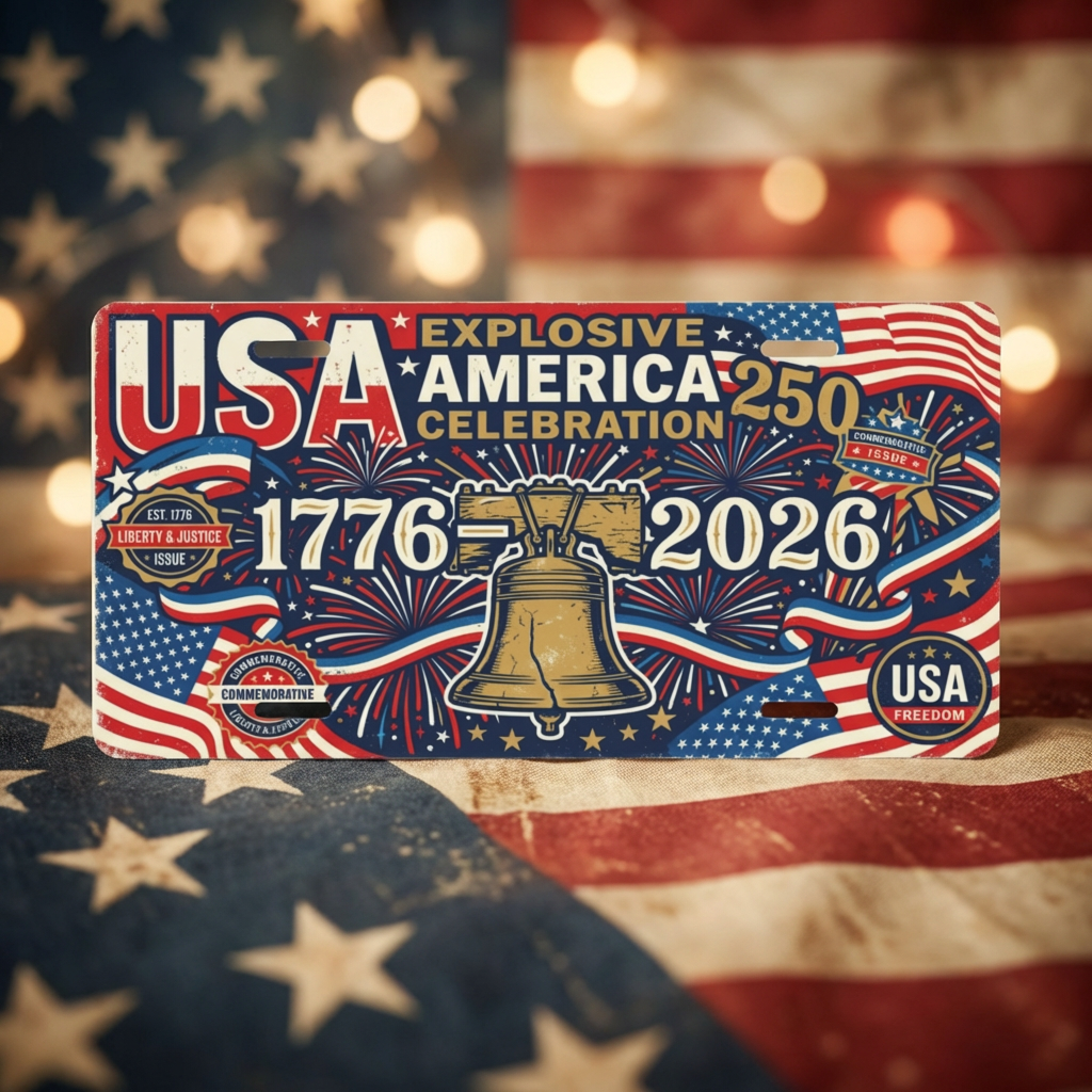 Vintage America 250th Anniversary License Plate, Patriotic USA Flag Auto Decor