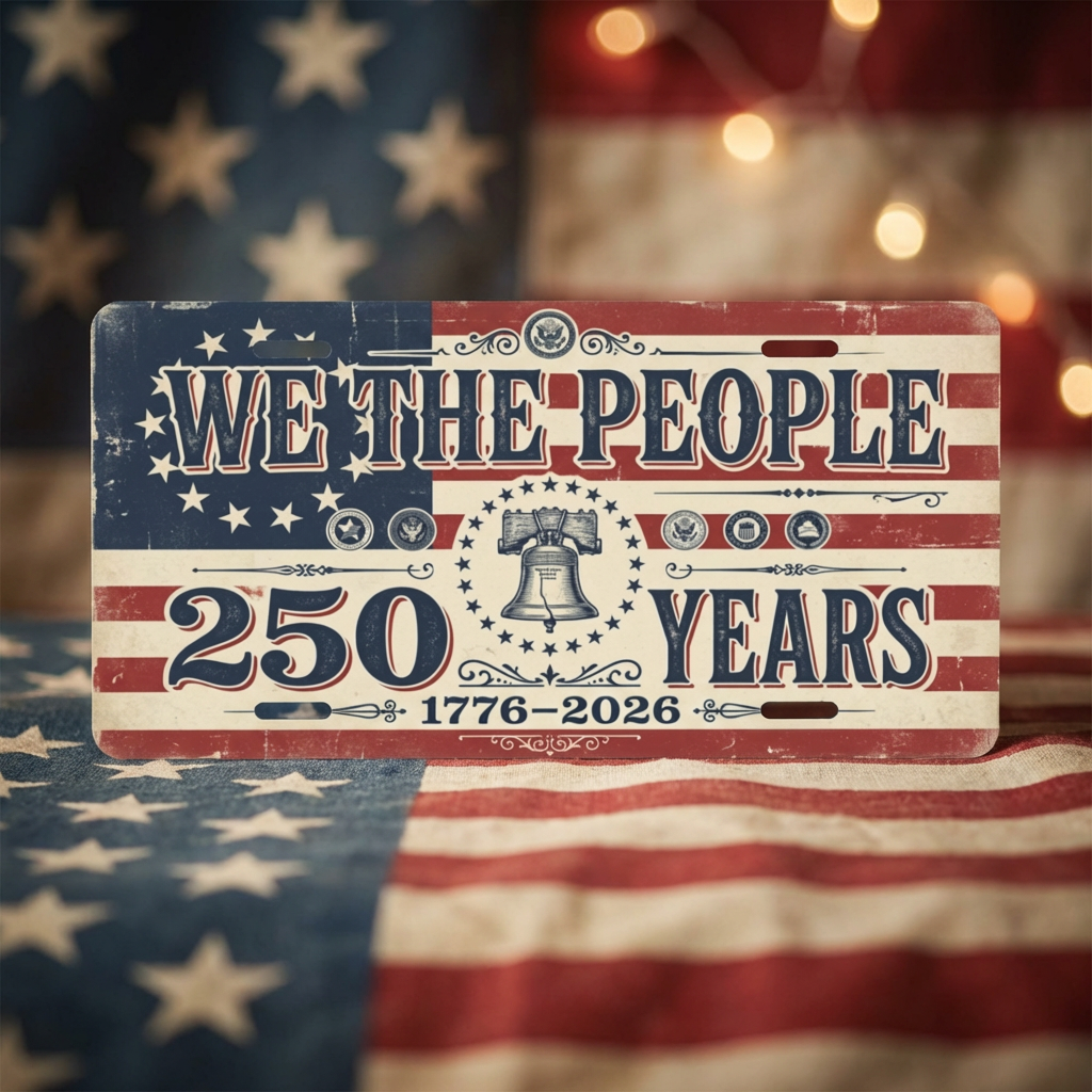 Vintage America 250th Anniversary License Plate, Patriotic USA Flag Auto Decor