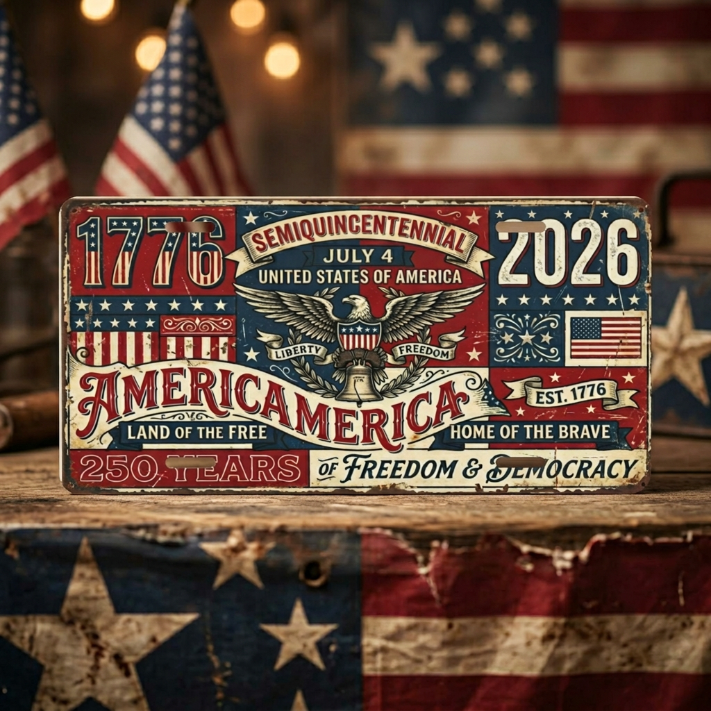 America 250th Anniversary License Plate, 1776-2026 Patriotic Aluminum Vanity Plate
