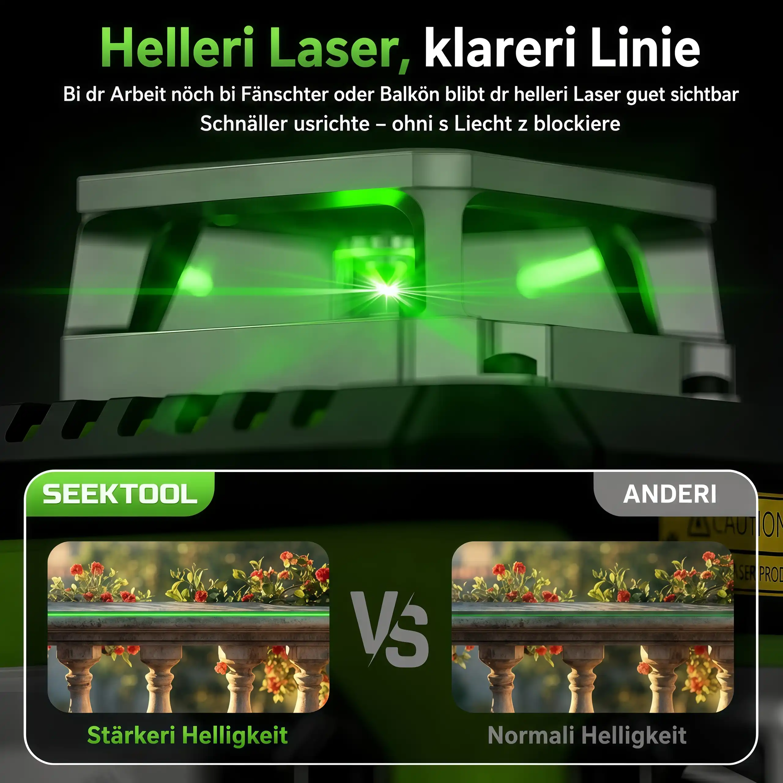 SEEKTOOL LX360 Pro – 4 × 360° grüner Kreuzlinienlaser, 16 Laserlinien