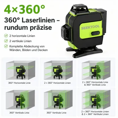 SEEKTOOL LX360 Pro – 4 × 360° grüner Kreuzlinienlaser, 16 Laserlinien