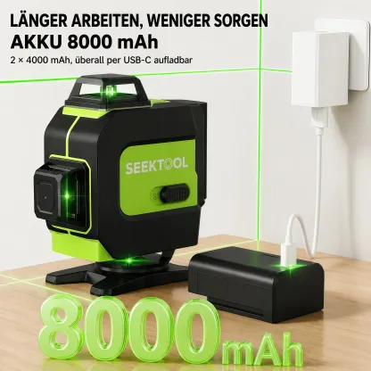 SEEKTOOL LX360 Pro – 4 × 360° grüner Kreuzlinienlaser, 16 Laserlinien